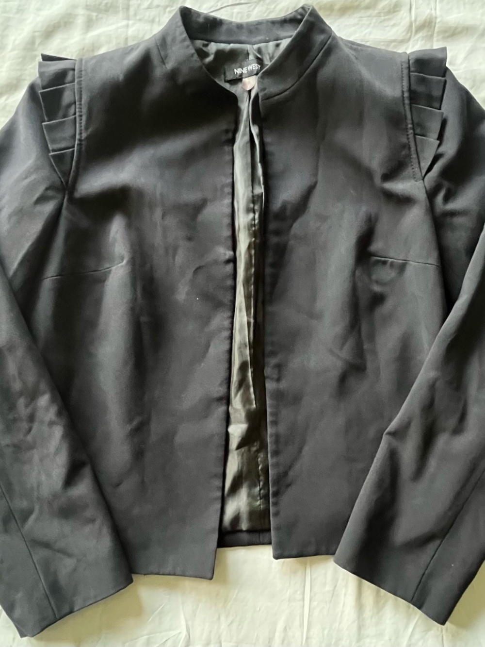 Nine West Black Mandarin Collar Blazer Jacket Ruffle Shoulder Career Size 8